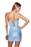 Sparkly Light Blue Sequins Corset Strapless Short Cocktail Dress with Fringes