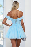Light Blue Tulle A Line Off the Shoulder Short Cocktail Dress