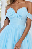 Light Blue Tulle A Line Off the Shoulder Short Cocktail Dress