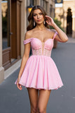 Sparkly Pink A Line Corset Beaded Short Cocktail Dress