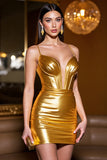 Golden Corset Metallic Bodycon Ruched Short Cocktail Dress
