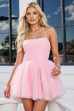 Pink Tulle A Line Ruched Halter Neck Short Cocktail Dress