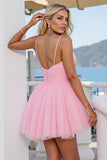 Pink Tulle A Line Ruched Halter Neck Short Cocktail Dress