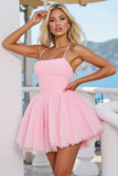 Pink Tulle A Line Ruched Halter Neck Short Cocktail Dress