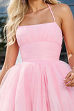 Pink Tulle A Line Ruched Halter Neck Short Cocktail Dress