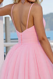 Pink Tulle A Line Ruched Halter Neck Short Cocktail Dress