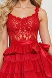 Red A Line Corset Tiered Short Cocktail Dress with Lace
