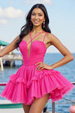 Fuchsia A Line Tulle Tiered Short Cocktail Dress with Ruffles