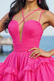 Fuchsia A Line Tulle Tiered Short Cocktail Dress with Ruffles