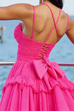 Fuchsia A Line Tulle Tiered Short Cocktail Dress with Ruffles