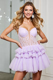 Lilac A Line Corset Tiered Short Cocktail Dress with Lace