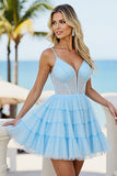 Light Blue Tulle A Line Tiered Short Corset Cocktail Dress