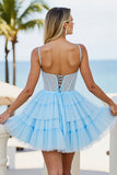Light Blue Tulle A Line Tiered Short Corset Cocktail Dress