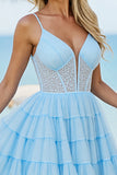 Light Blue Tulle A Line Tiered Short Corset Cocktail Dress