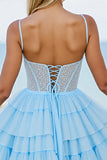 Light Blue Tulle A Line Tiered Short Corset Cocktail Dress