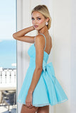 Blue A Line Spaghetti Straps Mini Cocktail Dress With Bow