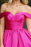 Fuchsia A Line Satin Off The Shoulder Mini Cocktail Dress