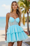 Blue A Line Chiffon Corset Tiered Short Cocktail Dress with Lace