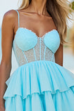 Blue A Line Chiffon Corset Tiered Short Cocktail Dress with Lace