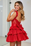 Red A Line Tiered Corset Short Cocktail Dress with Bow