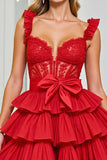 Red A Line Tiered Corset Short Cocktail Dress with Bow