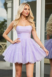 Lilac A Line Tulle Strapless Mini Cocktail Dress with Ruffles