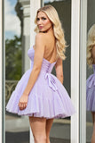 Lilac A Line Tulle Strapless Mini Cocktail Dress with Ruffles