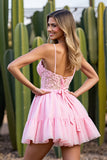 Pink A Line Appliqued Tulle Short Cocktail Dress with Ruffles