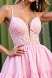 Pink A Line Appliqued Tulle Short Cocktail Dress with Ruffles