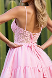 Pink A Line Appliqued Tulle Short Cocktail Dress with Ruffles
