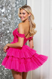 Fuchsia Tiered A Line Corset Off The Shoulder Mini Cocktail Dress