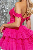 Fuchsia Tiered A Line Corset Off The Shoulder Mini Cocktail Dress