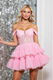 Fuchsia Tiered A Line Corset Off The Shoulder Mini Cocktail Dress