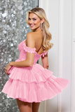 Fuchsia Tiered A Line Corset Off The Shoulder Mini Cocktail Dress