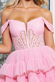 Fuchsia Tiered A Line Corset Off The Shoulder Mini Cocktail Dress