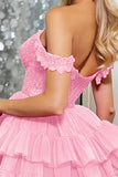 Fuchsia Tiered A Line Corset Off The Shoulder Mini Cocktail Dress