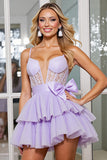 Lilac A Line Short Corset Cocktail Dress with Lace
