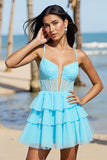 Light Blue Corset A Line Tiered Mini Cocktail Dress