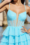 Light Blue Corset A Line Tiered Mini Cocktail Dress