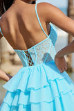 Light Blue Corset A Line Tiered Mini Cocktail Dress