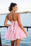 Pink A Line Tiered Spaghetti Straps Short Cocktail Dress