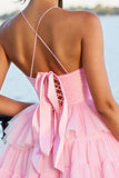 Pink A Line Tiered Spaghetti Straps Short Cocktail Dress