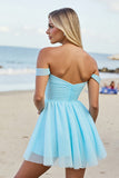 Light Blue A Line Ruched Off The Shoulder Short Cocktail Dress