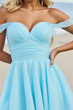 Light Blue A Line Ruched Off The Shoulder Short Cocktail Dress