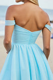 Light Blue A Line Ruched Off The Shoulder Short Cocktail Dress