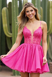 Fuchsia A Line Corset Appliqued Mini Cocktail Dress
