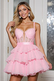 Pink A Line Tiered Corset Ruffled Short Cocktail Dress