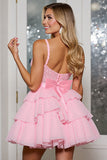 Pink A Line Tiered Corset Ruffled Short Cocktail Dress