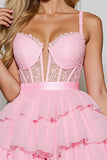 Pink A Line Tiered Corset Ruffled Short Cocktail Dress