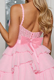 Pink A Line Tiered Corset Ruffled Short Cocktail Dress